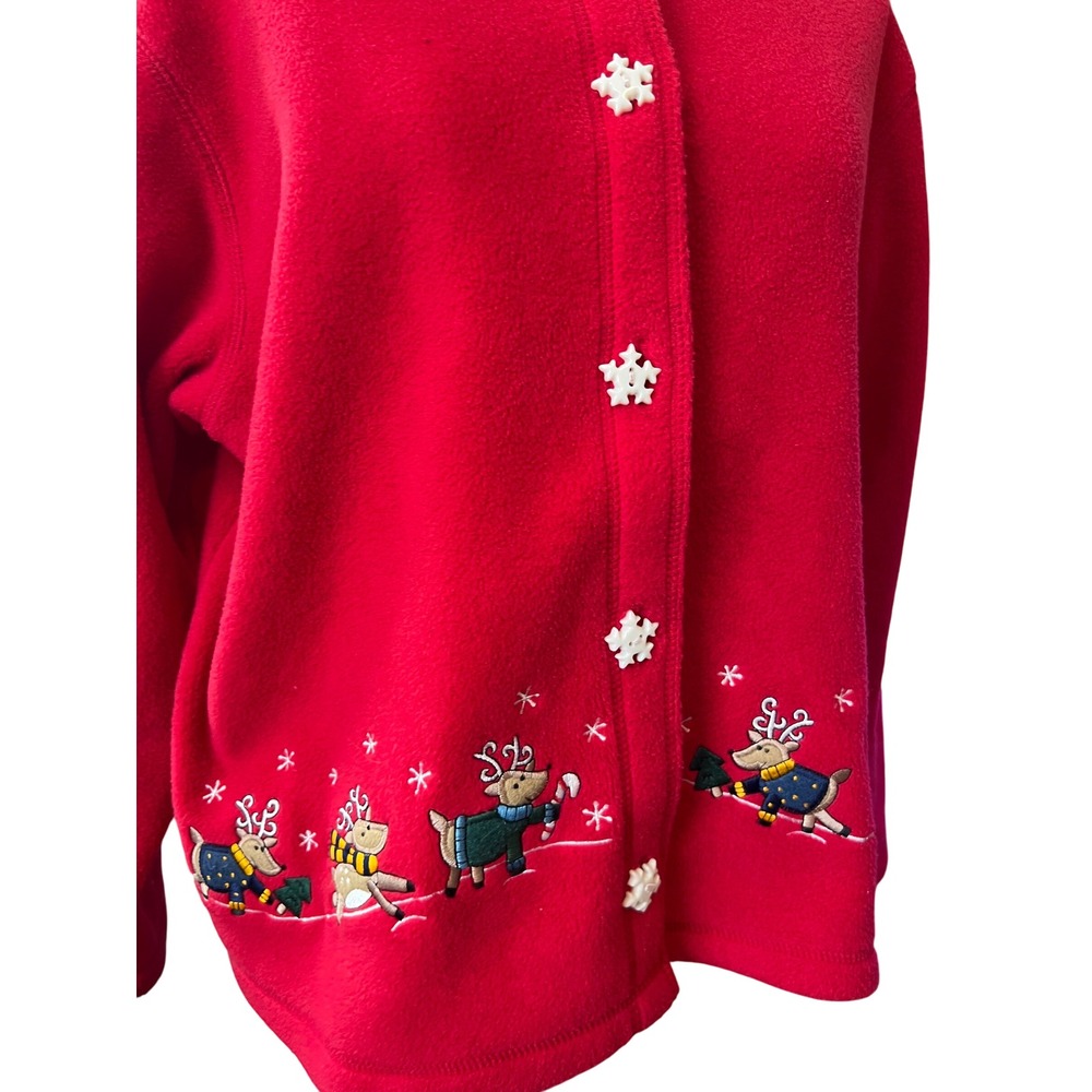C&B Sport Petite Fleece Christmas Cardigan Embroidered Reindeer Snowflake - Picture 2 of 5